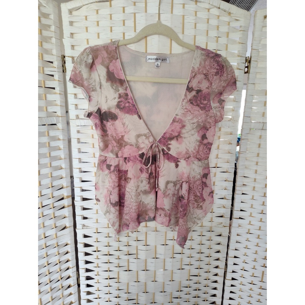 Y2K Floral Mesh Fairycore Boho Asymmetrical Coquette Babydoll Blouse Top Small